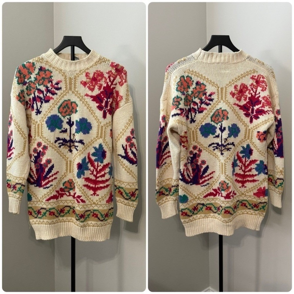 I.V.Y. Sweater Womens Small Ramie Cotton Floral Botanical Cottagecore Knit